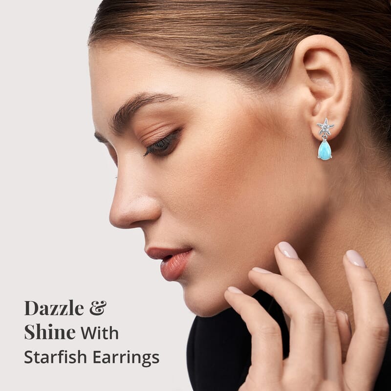 Larimar and White Zircon 2.10 ctw Dangle Drop Earrings, White Zircon Dangle Earrings, Starfish Earrings For Women