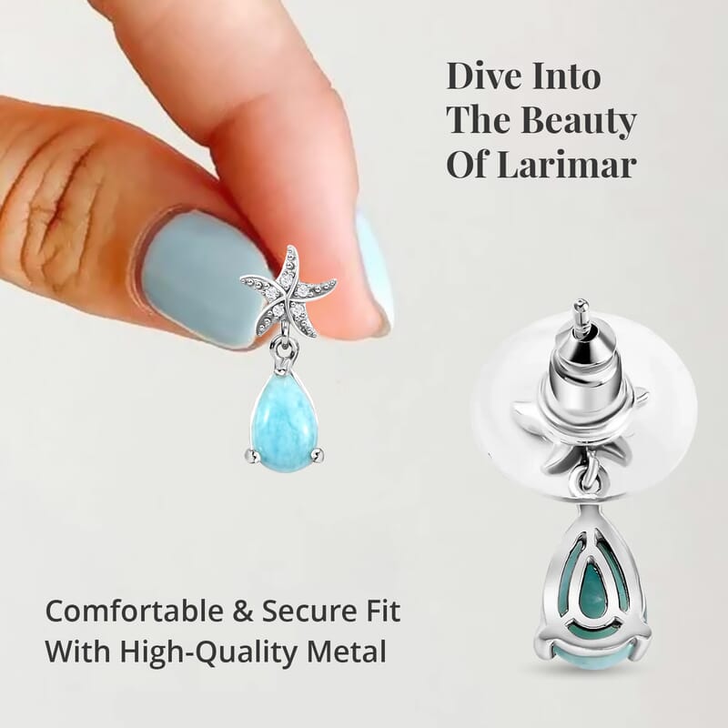 Larimar and White Zircon 2.10 ctw Dangle Drop Earrings, White Zircon Dangle Earrings, Starfish Earrings For Women