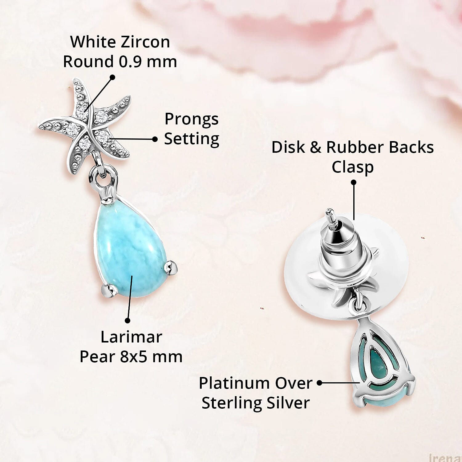 Larimar and White Zircon 2.10 ctw Dangle Drop Earrings, White Zircon Dangle Earrings, Starfish Earrings For Women