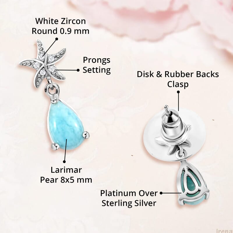 Larimar and White Zircon 2.10 ctw Dangle Drop Earrings, White Zircon Dangle Earrings, Starfish Earrings For Women