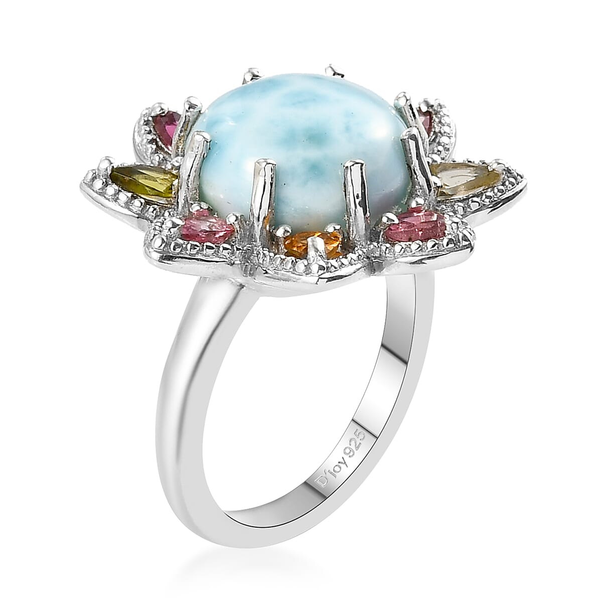 Larimar, Multi-Tourmaline Floral Ring in Platinum Over Sterling Silver (Size 10.0) 8.85 ctw image number 3