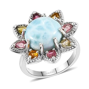 Larimar and Multi-Tourmaline Floral Ring in Platinum Over Sterling Silver (Size 7.0) 8.85 ctw