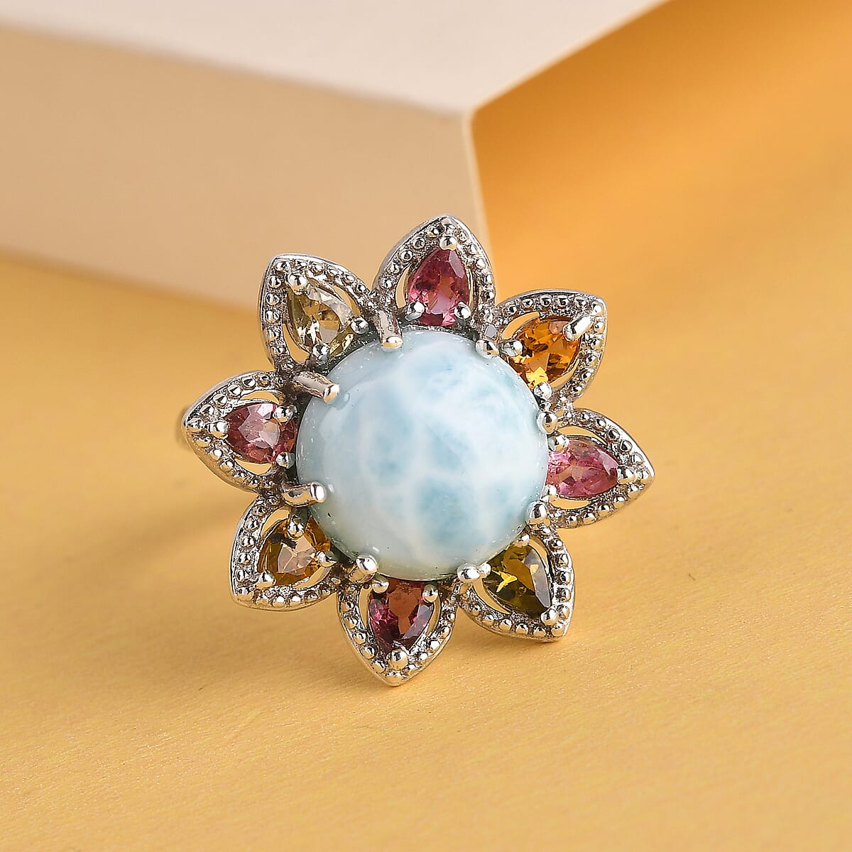 Larimar and Multi-Tourmaline Floral Ring in Platinum Over Sterling Silver (Size 7.0) 8.85 ctw image number 1