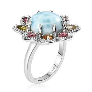 Larimar and Multi-Tourmaline Floral Ring in Platinum Over Sterling Silver (Size 7.0) 8.85 ctw