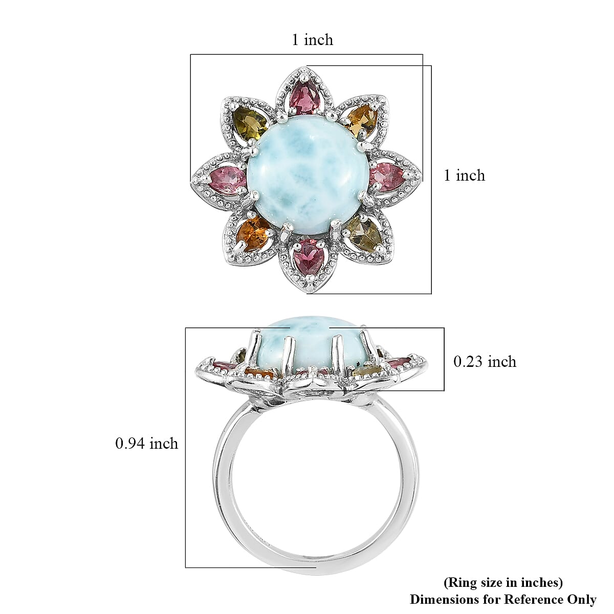 Larimar and Multi-Tourmaline Floral Ring in Platinum Over Sterling Silver (Size 7.0) 8.85 ctw image number 5