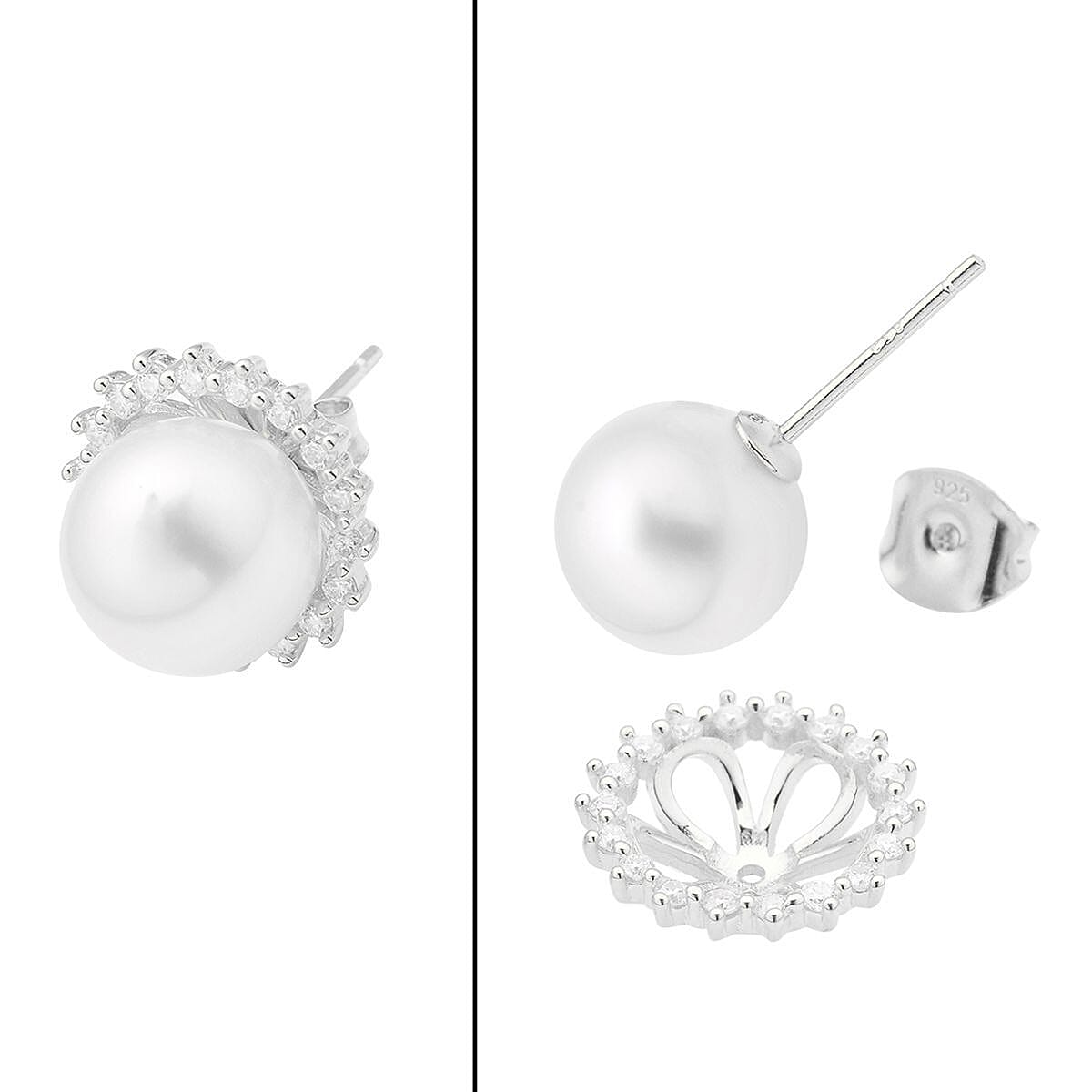 South Sea White Cultured Pearl and Moissanite Jacket Stud Earrings in Rhodium Over Sterling Silver 0.35 ctw image number 3