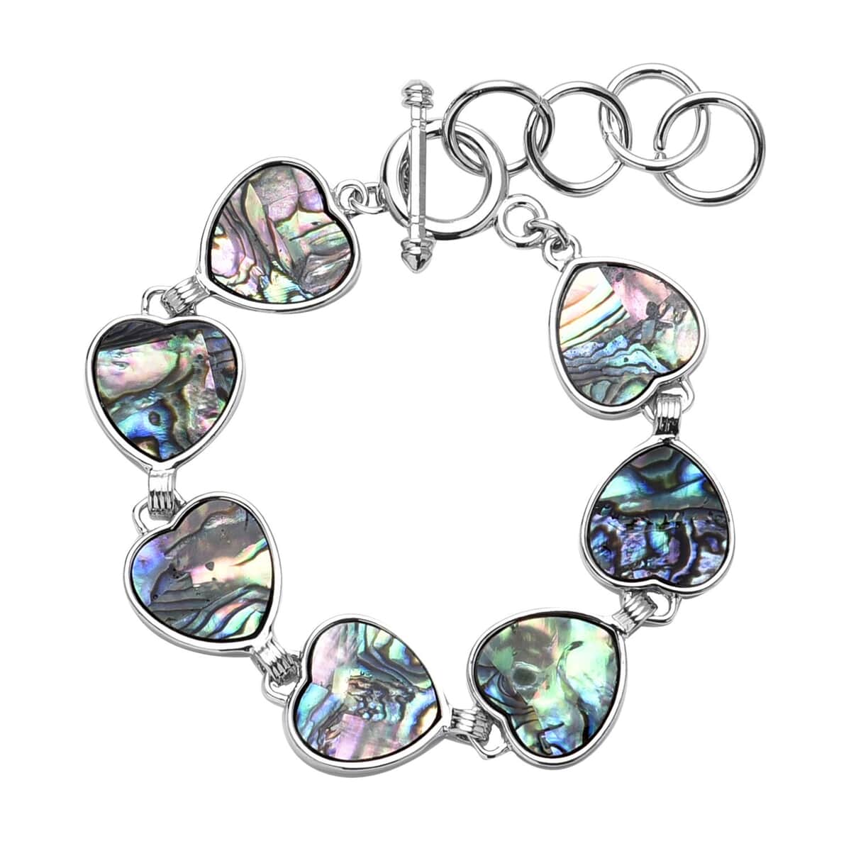 Abalone Shell Heart Shaped Link Bracelet in Silvertone (7-9In) image number 0