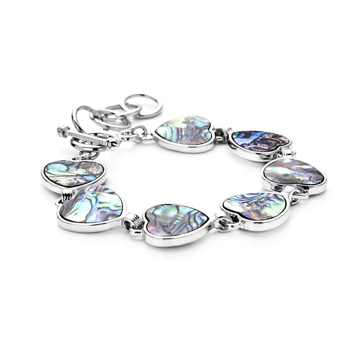 Abalone Shell Heart Shaped Link Bracelet in Silvertone (7-9In) image number 2