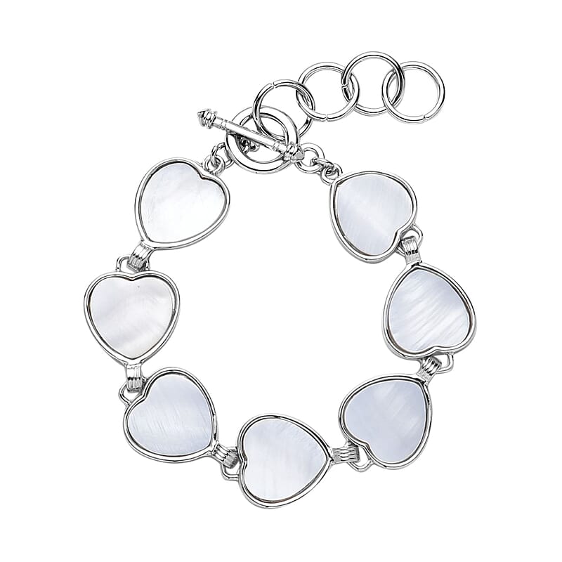 White Shell Heart Shaped Link Bracelet in Silvertone (7-9In)