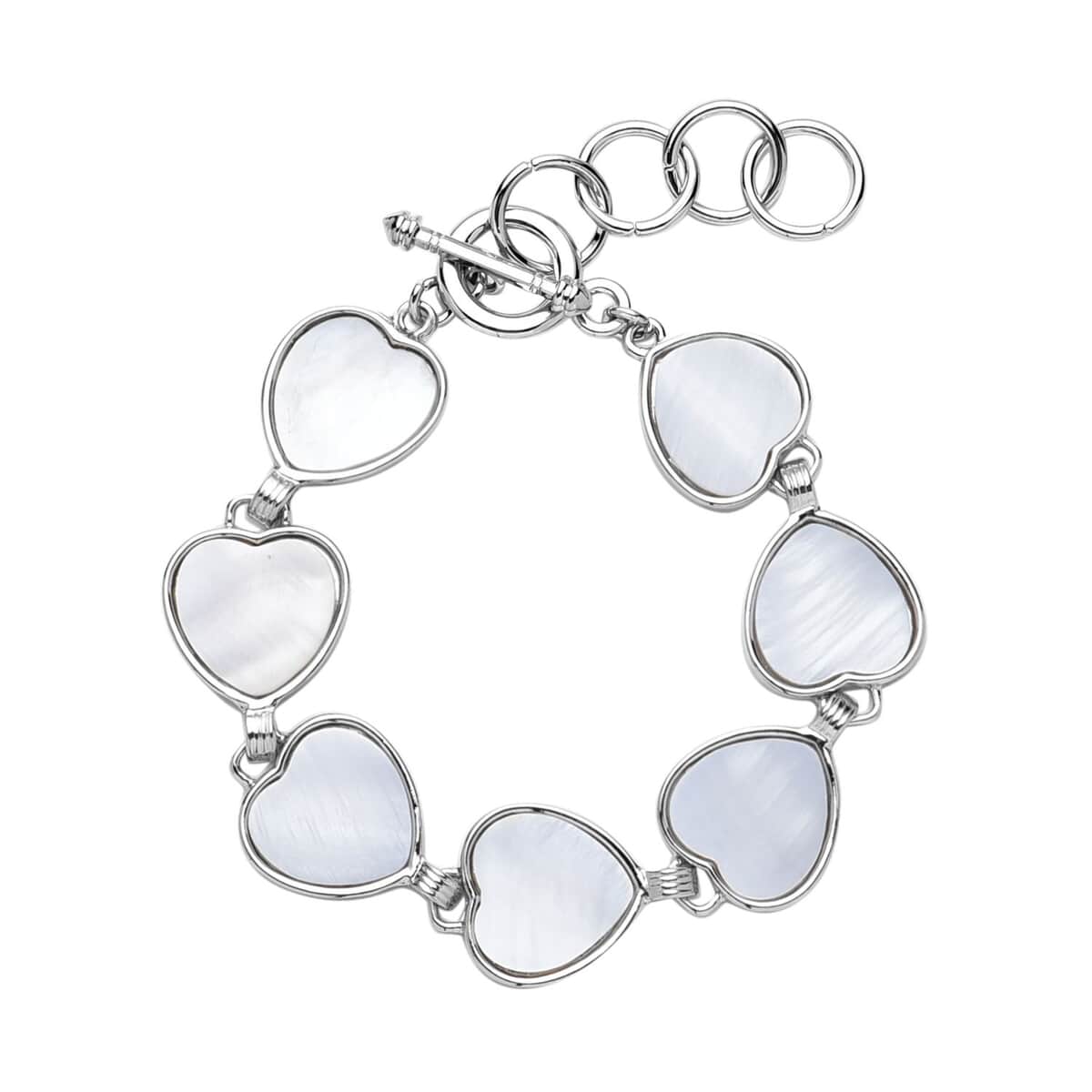 White Shell Heart Shaped Link Bracelet in Silvertone (7-9In) image number 0