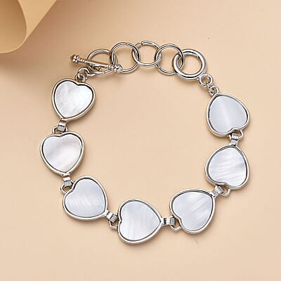 White Shell Heart Shaped Link Bracelet in Silvertone (7-9In)