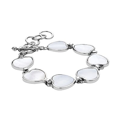 White Shell Heart Shaped Link Bracelet in Silvertone (7-9In)