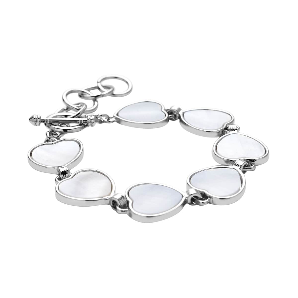 White Shell Heart Shaped Link Bracelet in Silvertone (7-9In) image number 2