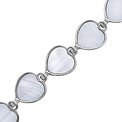White Shell Heart Shaped Link Bracelet in Silvertone (7-9In)