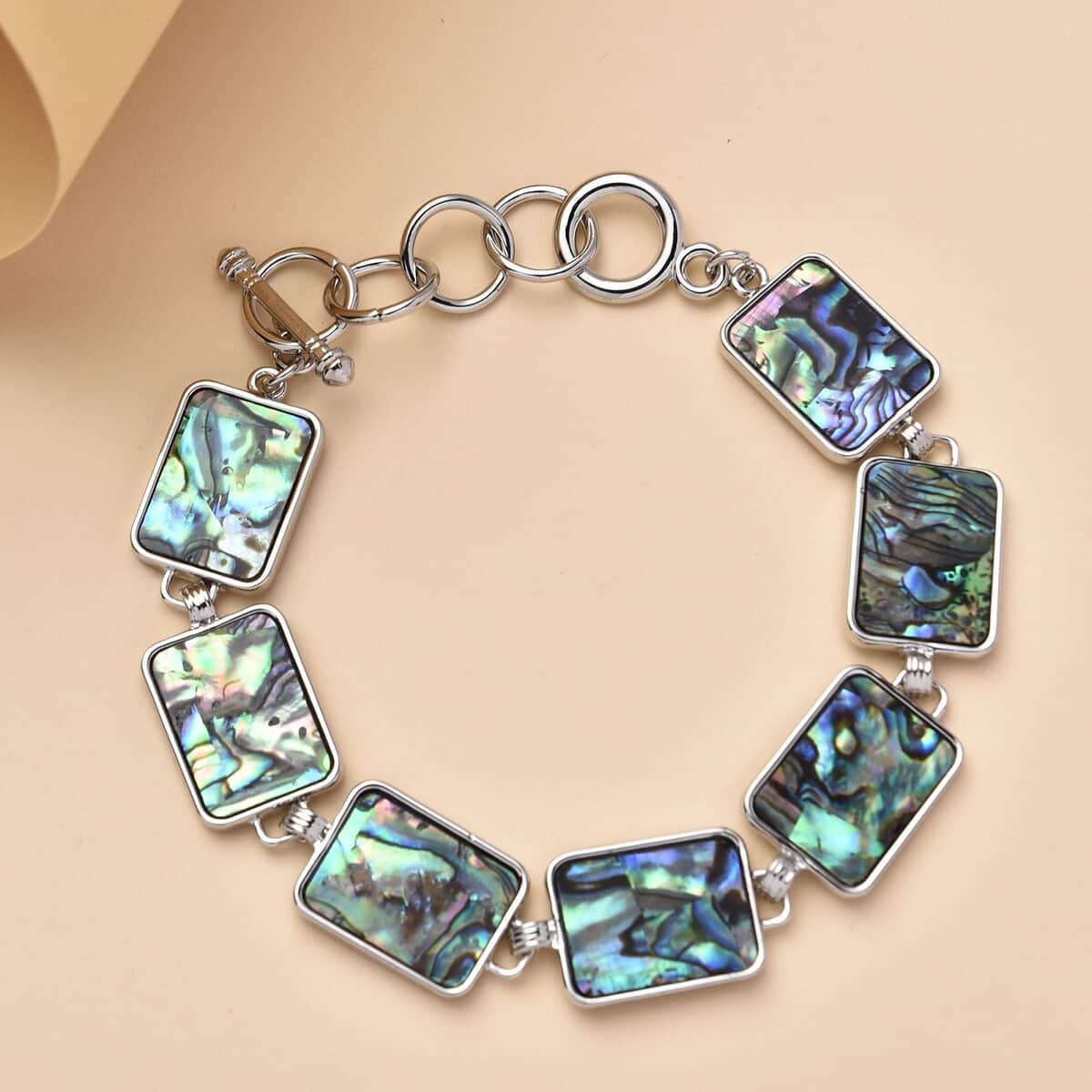 Abalone Shell Geometrical Shaped Link Bracelet in Silvertone (8-10In) image number 1