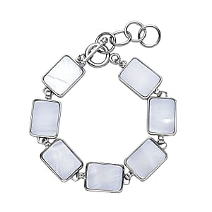 White Shell Geometrical Shaped Link Bracelet in Silvertone (8-10In)
