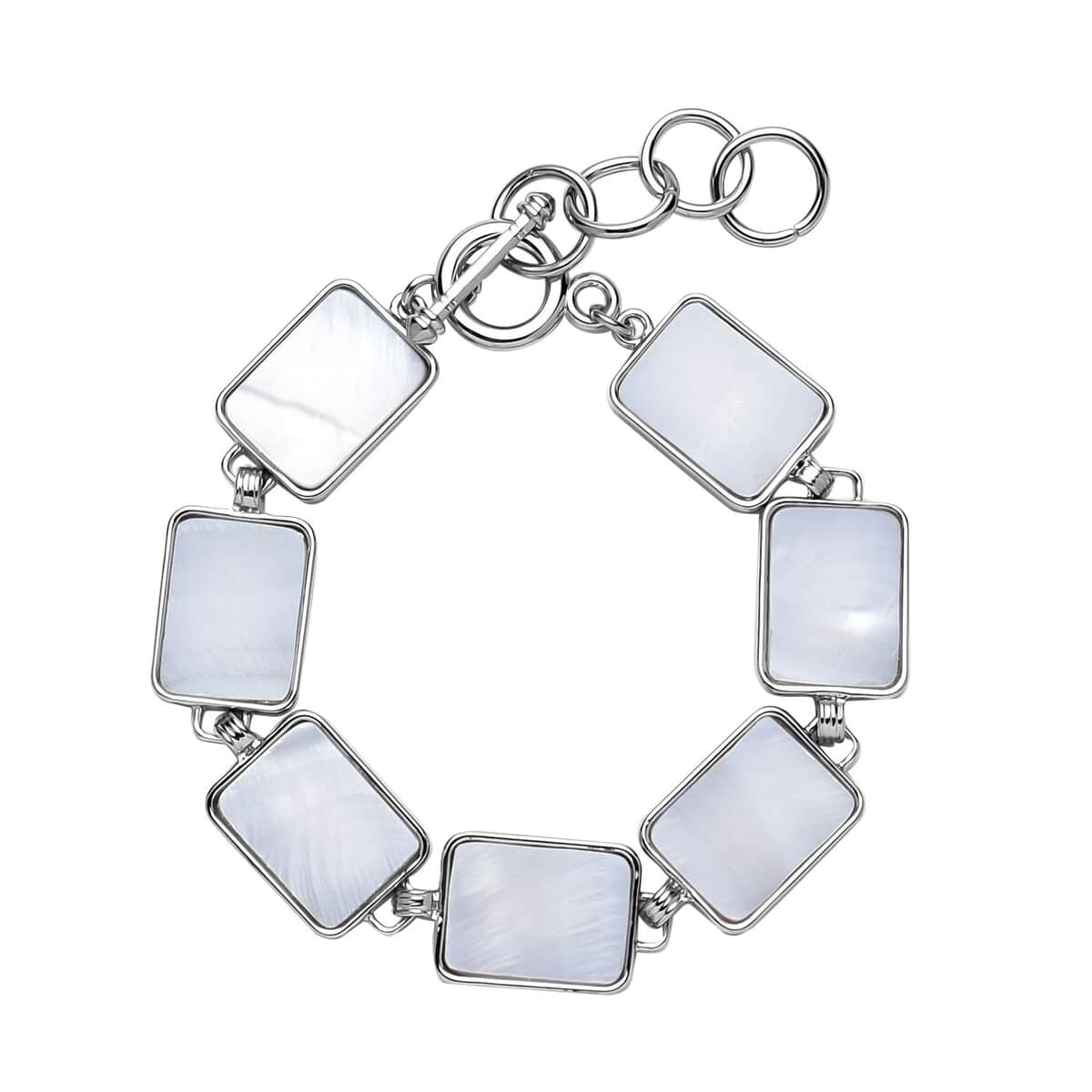 White Shell Geometrical Shaped Link Bracelet in Silvertone (8-10In) image number 0