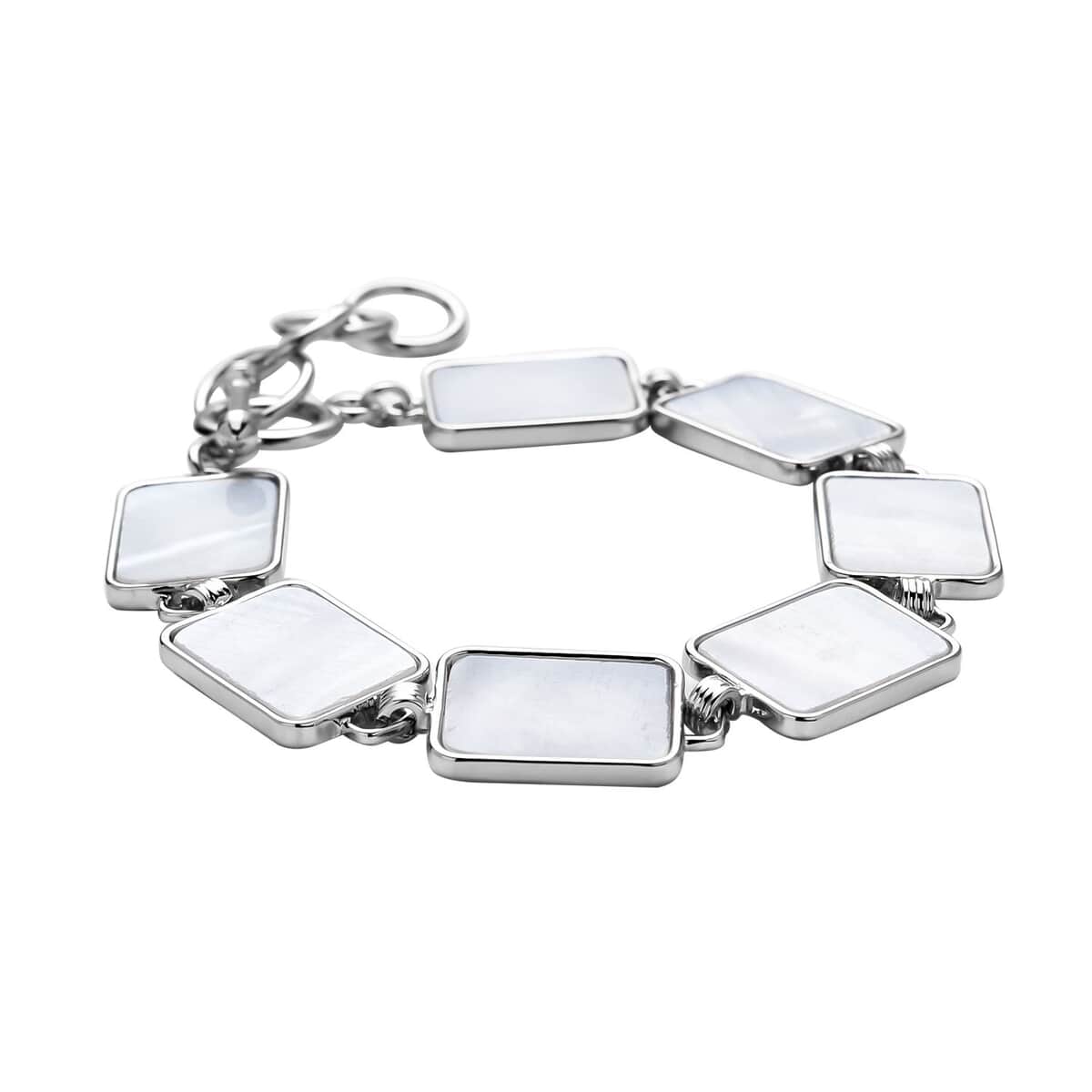 White Shell Geometrical Shaped Link Bracelet in Silvertone (8-10In) image number 2