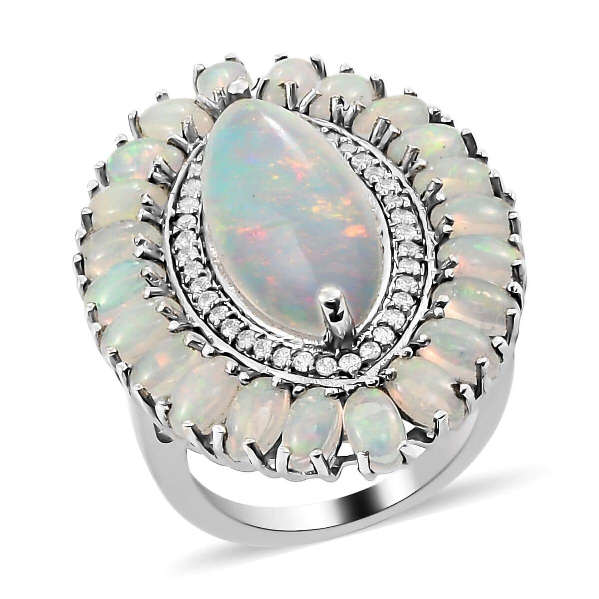 Premium Ethiopian Welo Opal and Natural White Zircon Cocktail Ring in Platinum Over Sterling Silver (Size 10.0) 7 Grams 7.65 ctw image number 0