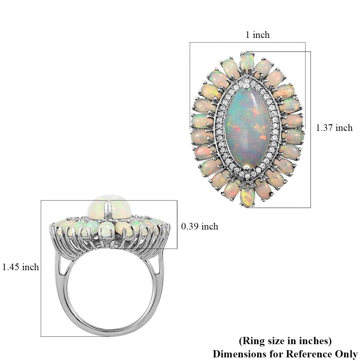 Premium Ethiopian Welo Opal and Natural White Zircon Cocktail Ring in Platinum Over Sterling Silver 7 Grams 7.65 ctw image number 5