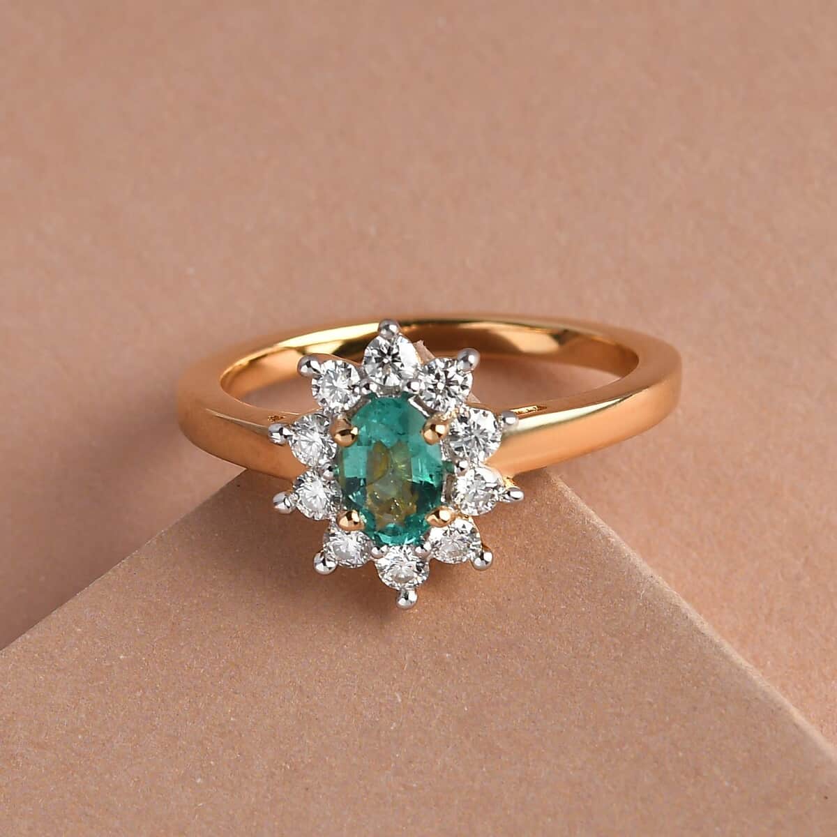 AAA Kagem Zambian Emerald and Moissanite Sunburst Ring in Vermeil Yellow Gold Over Sterling Silver (Size 6.0) 0.85 ctw image number 1