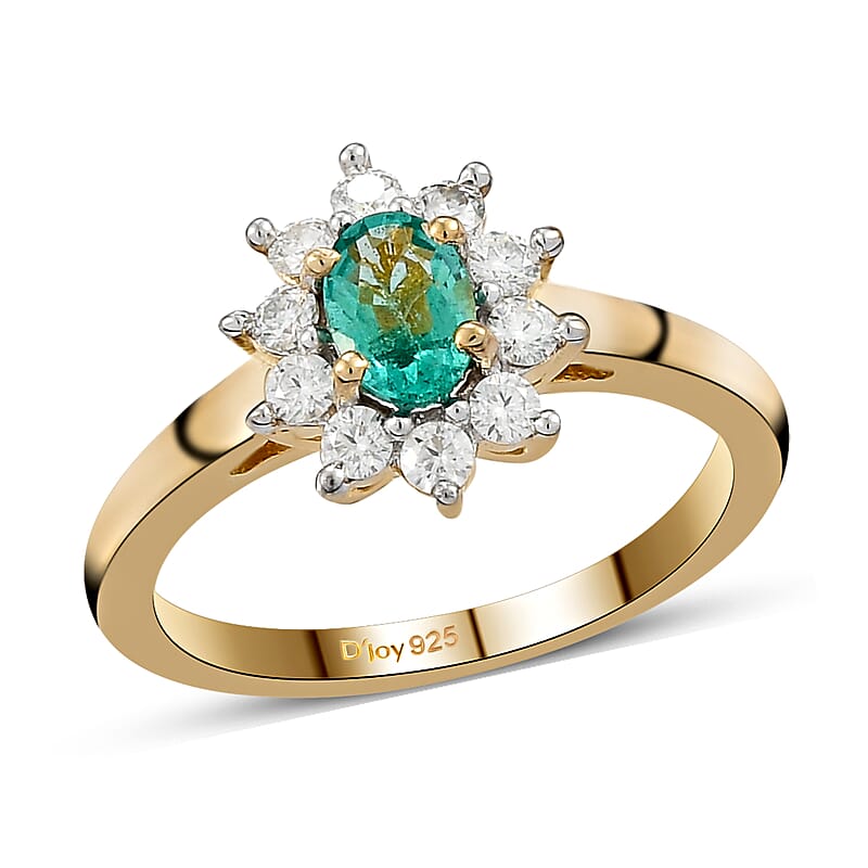AAA Kagem Zambian Emerald and Moissanite Sunburst Ring in Vermeil Yellow Gold Over Sterling Silver (Size 8.0) 0.85 ctw