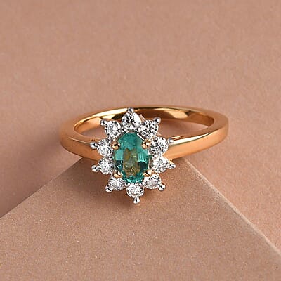 AAA Kagem Zambian Emerald and Moissanite Sunburst Ring in Vermeil Yellow Gold Over Sterling Silver (Size 8.0) 0.85 ctw
