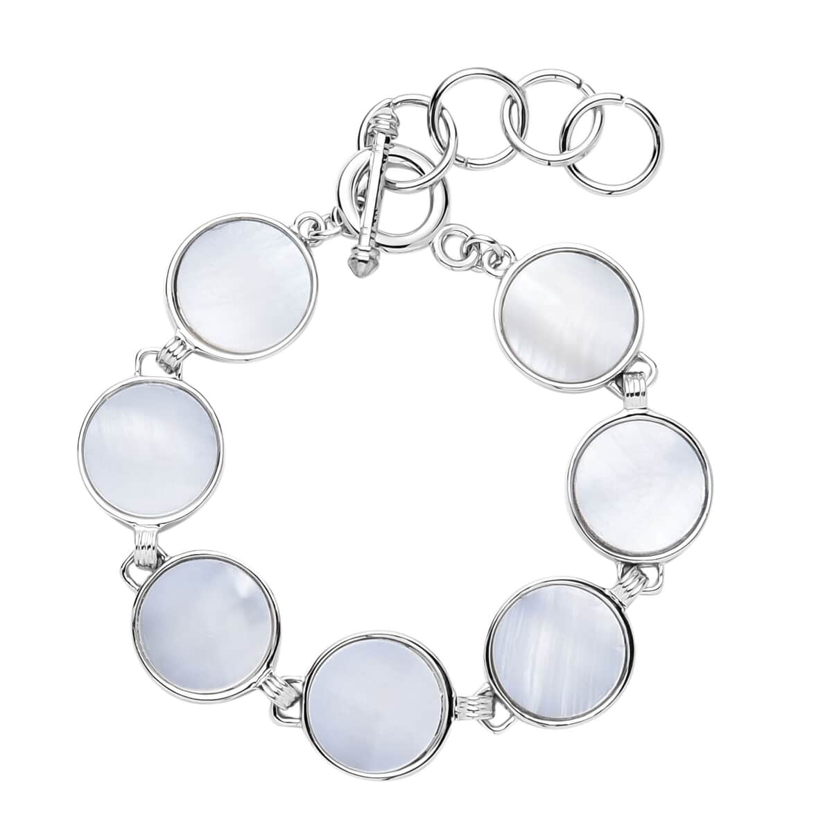 White Shell Disc Shaped Link Bracelet in Silvertone (7-9In) image number 0