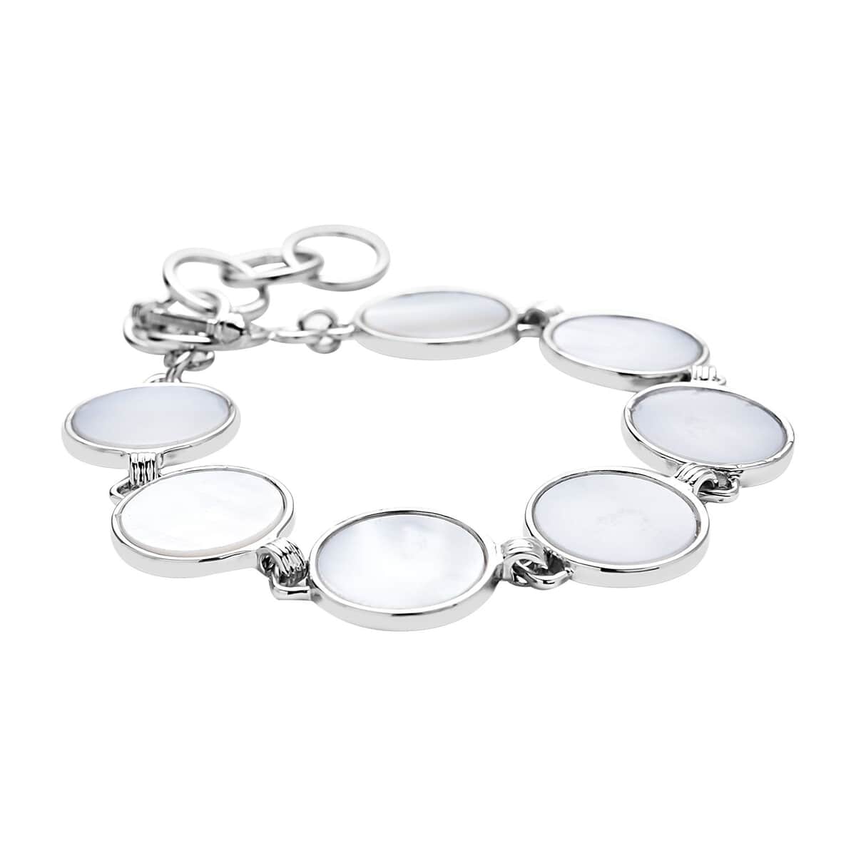 White Shell Disc Shaped Link Bracelet in Silvertone (7-9In) image number 2