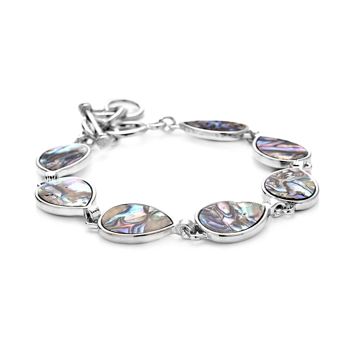 Abalone Shell Pear Shaped Link Bracelet in Silvertone (8-10In) image number 2