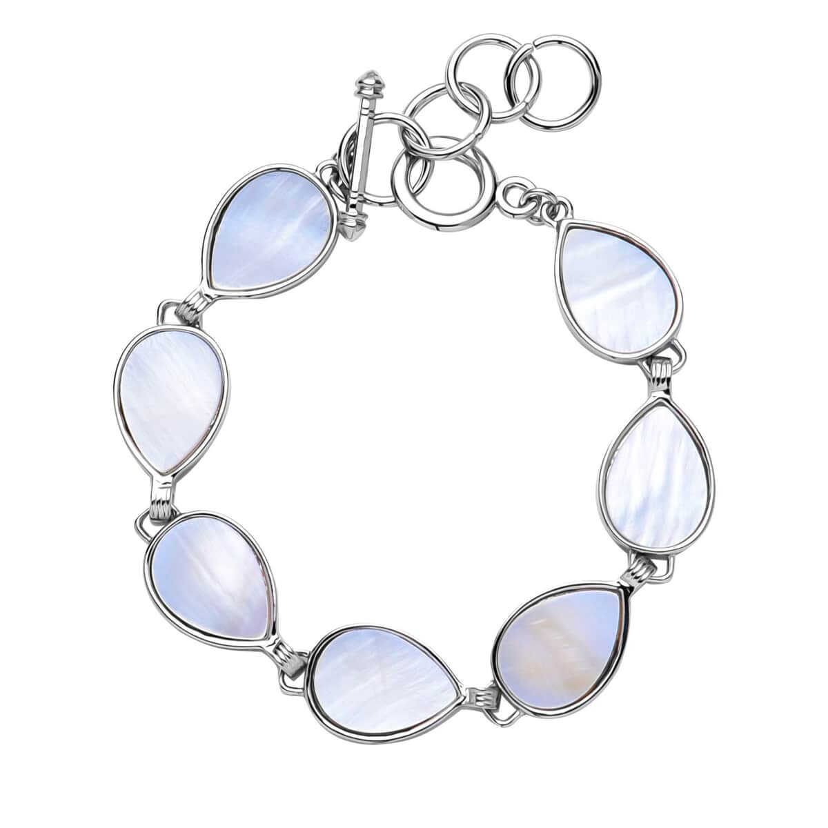 White Shell Pear Shaped Link Bracelet in Silvertone (8-10In) image number 0