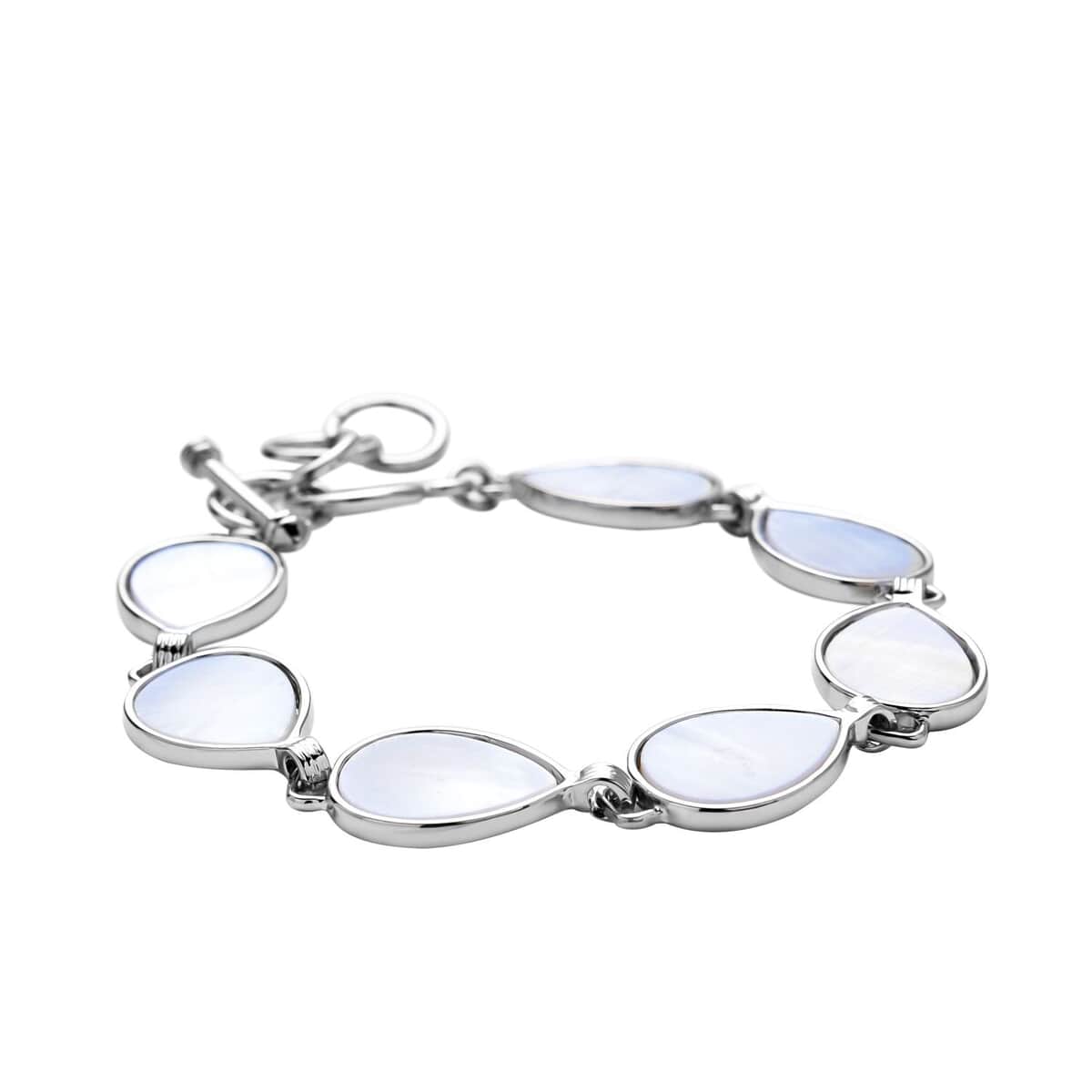 White Shell Pear Shaped Link Bracelet in Silvertone (8-10In) image number 2