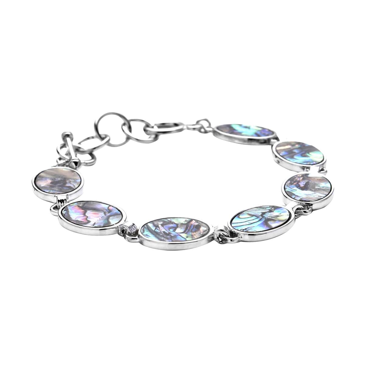 Abalone Shell Oval Shaped Link Bracelet in Silvertone (8-10In) image number 2