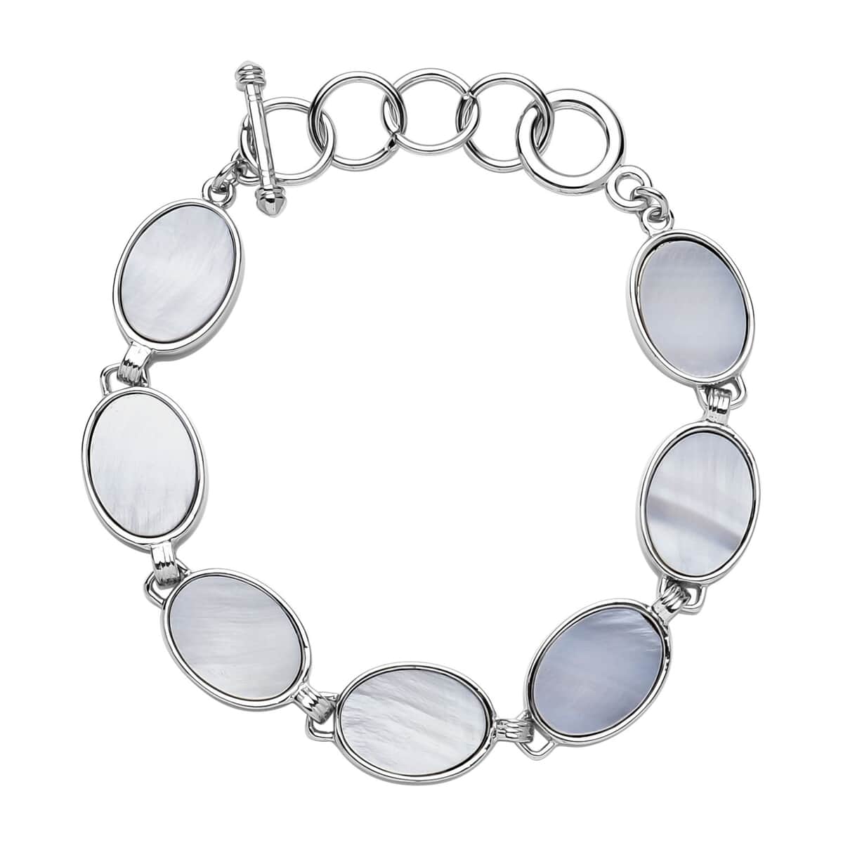 White Shell Oval Shaped Link Bracelet in Silvertone (8-10In) image number 0