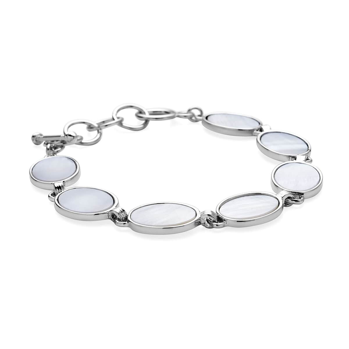 White Shell Oval Shaped Link Bracelet in Silvertone (8-10In) image number 2