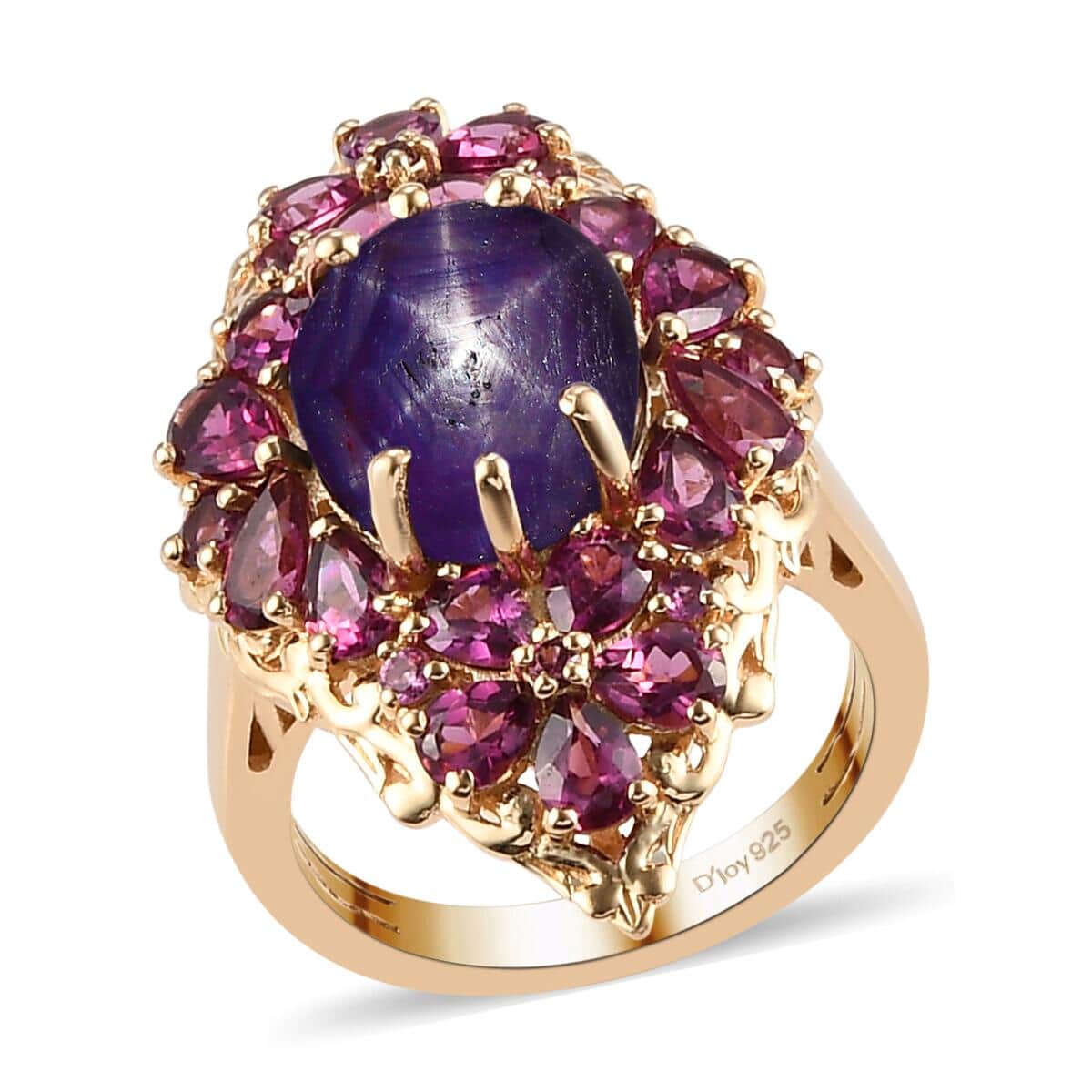 Indian Star Ruby and Orissa Rhodolite Garnet Elongated Ring in Vermeil Yellow Gold Over Sterling Silver 12.90 ctw image number 0