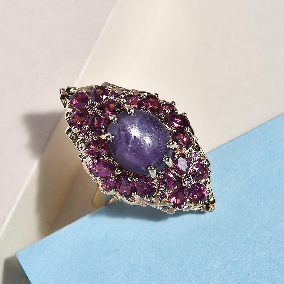 Indian Star Ruby and Orissa Rhodolite Garnet Elongated Ring in Vermeil Yellow Gold Over Sterling Silver (Size 6.0) 12.90 ctw image number 1