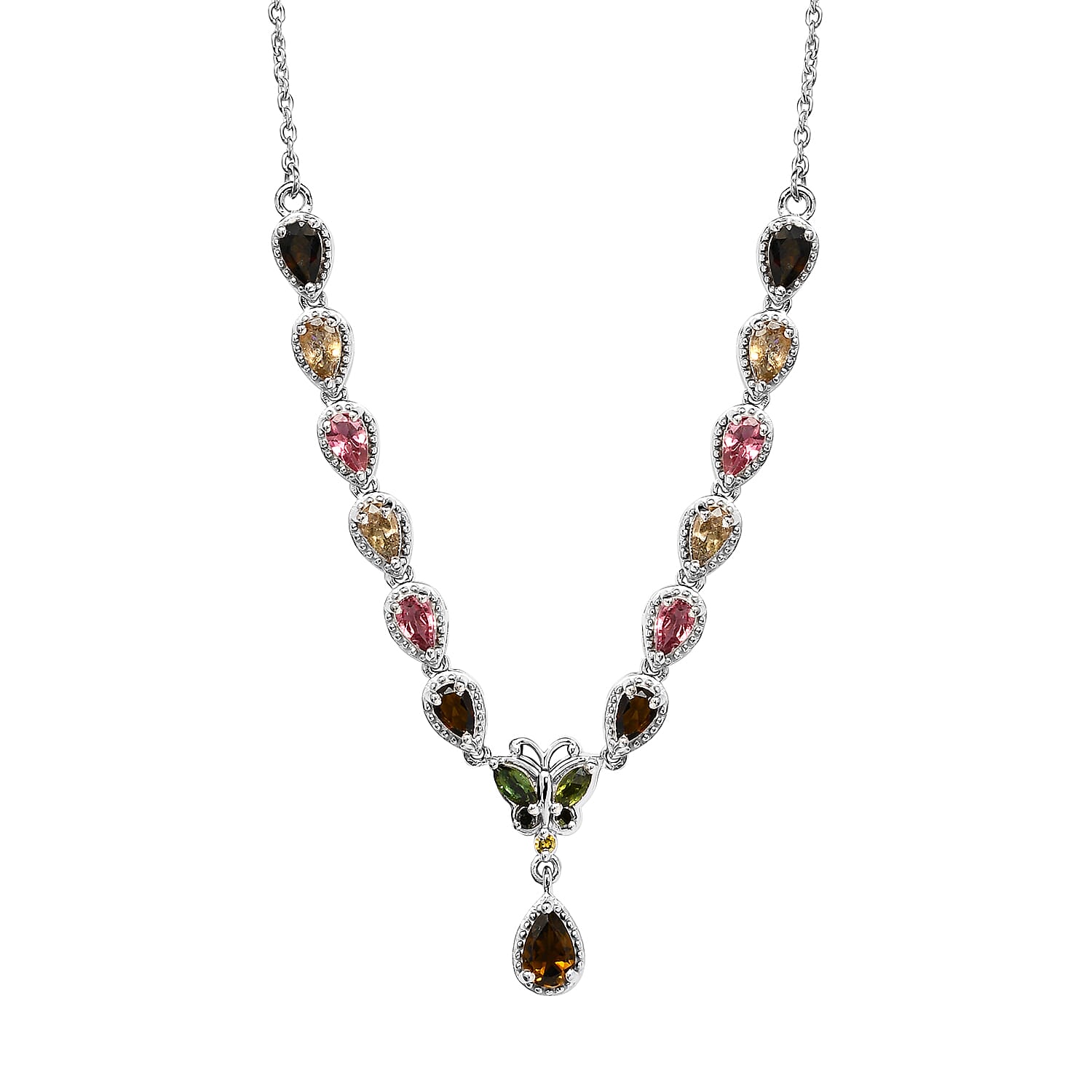 Multi-Tourmaline, Green and Yellow Diamond Necklace 18 Inches in Platinum Over Sterling Silver 7.85 Grams 2.90 ctw