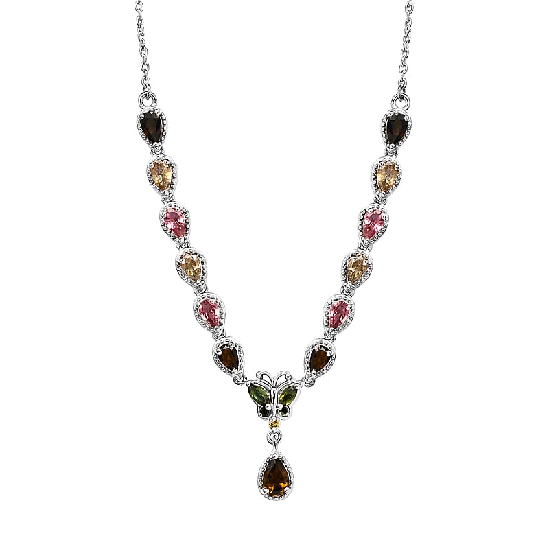 Multi-Tourmaline, Green and Yellow Diamond Necklace 18 Inches in Platinum Over Sterling Silver 7.85 Grams 2.90 ctw