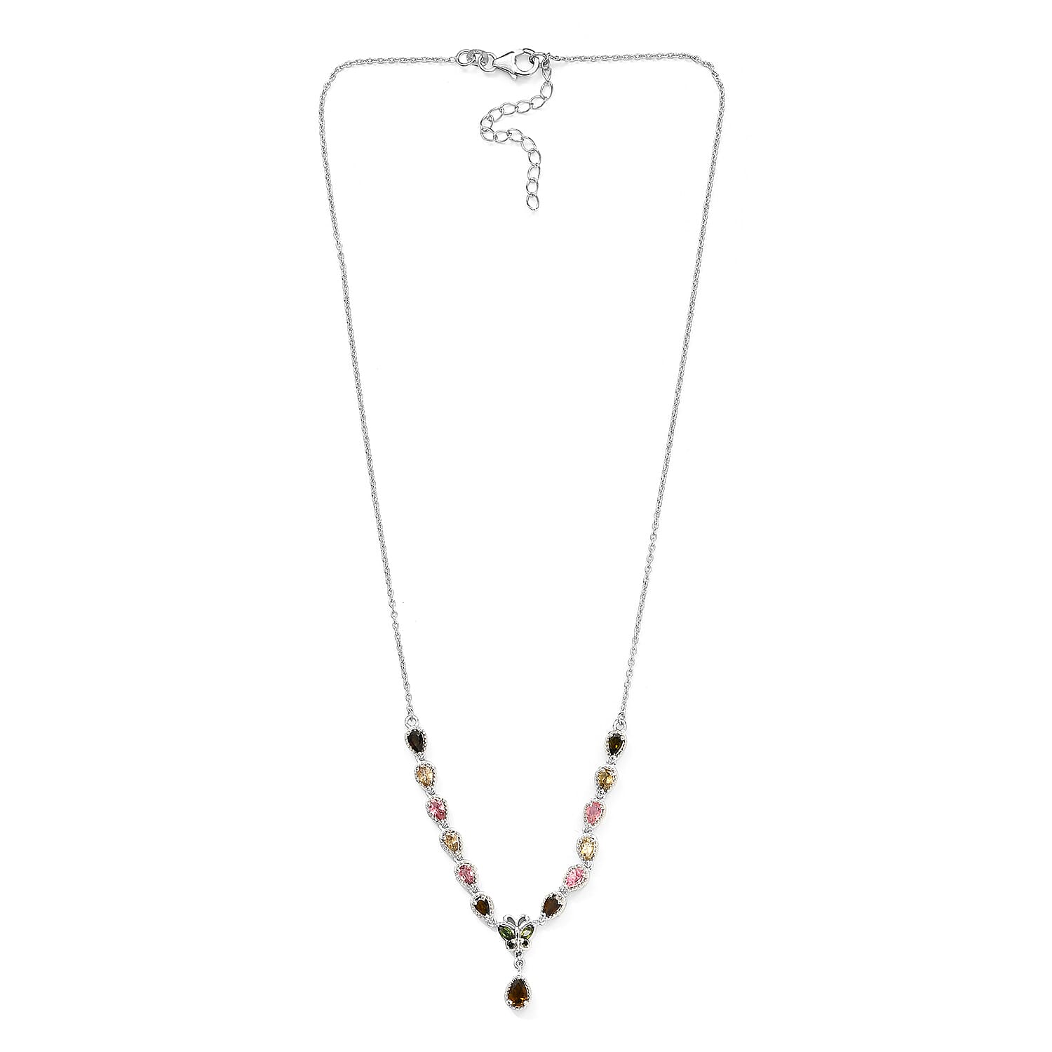 Multi-Tourmaline, Green and Yellow Diamond Necklace 18 Inches in Platinum Over Sterling Silver 7.85 Grams 2.90 ctw