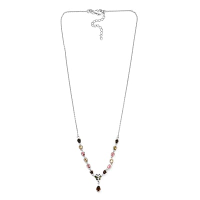 Multi-Tourmaline, Green and Yellow Diamond Necklace 18 Inches in Platinum Over Sterling Silver 7.85 Grams 2.90 ctw