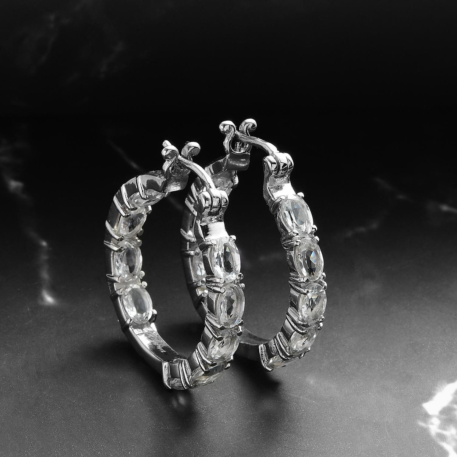 White Topaz Inside Out Hoop Earrings in Stainless Steel 8.35 ctw , Tarnish-Free, Waterproof, Sweat Proof Jewelry