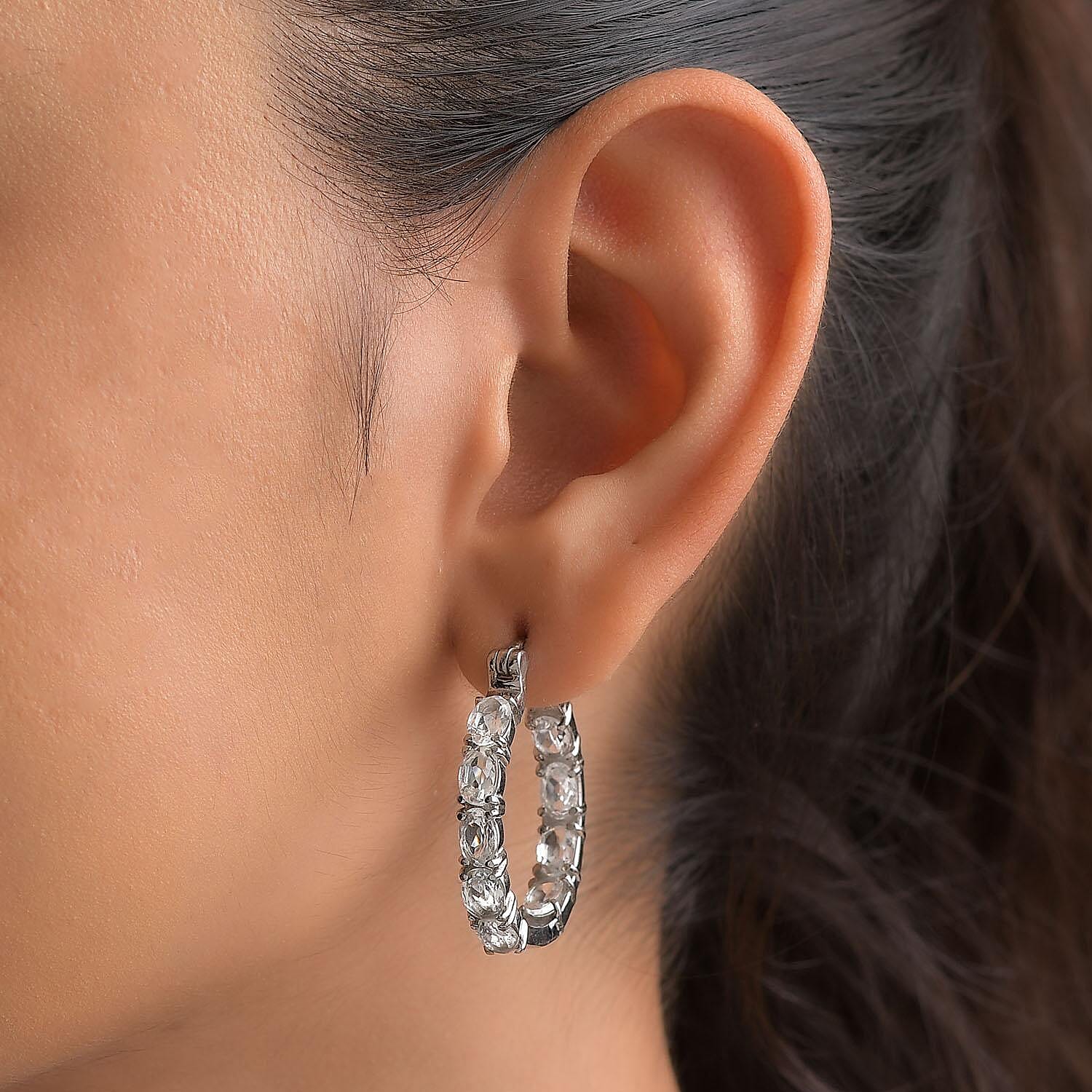 White Topaz Inside Out Hoop Earrings in Stainless Steel 8.35 ctw , Tarnish-Free, Waterproof, Sweat Proof Jewelry