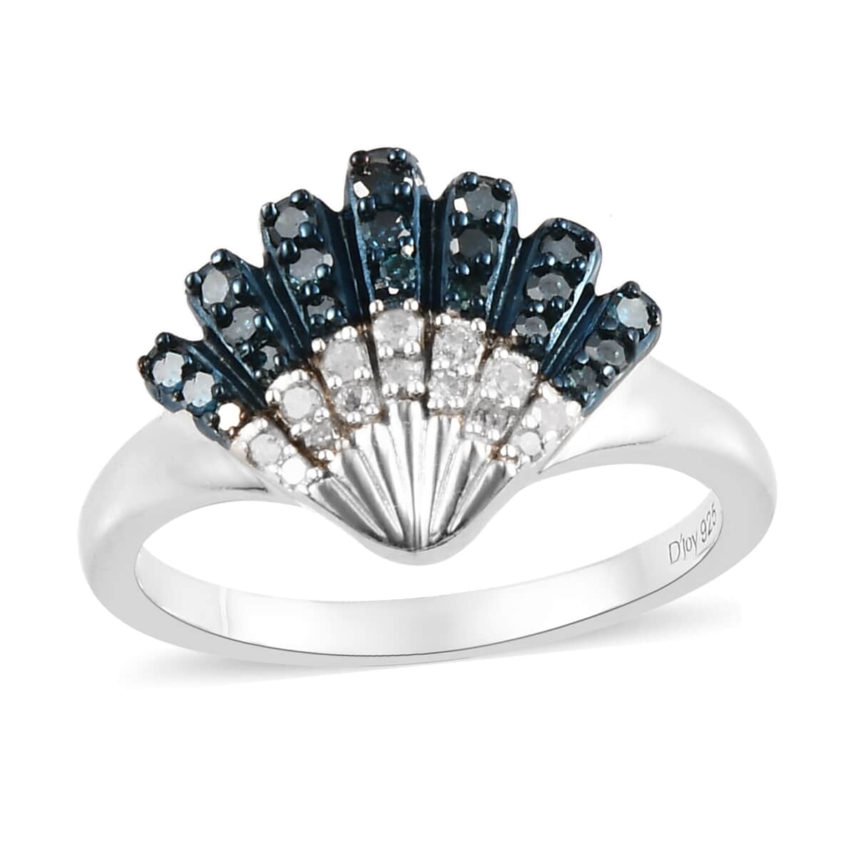 Blue Diamond and Diamond Sea Shell Ring in Rhodium and Platinum Over Sterling Silver (Size 6.0) 0.33 ctw image number 0