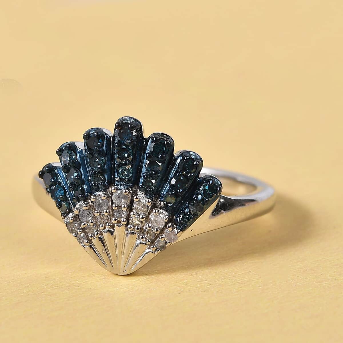 Blue Diamond and Diamond Sea Shell Ring in Rhodium and Platinum Over Sterling Silver (Size 6.0) 0.33 ctw image number 1
