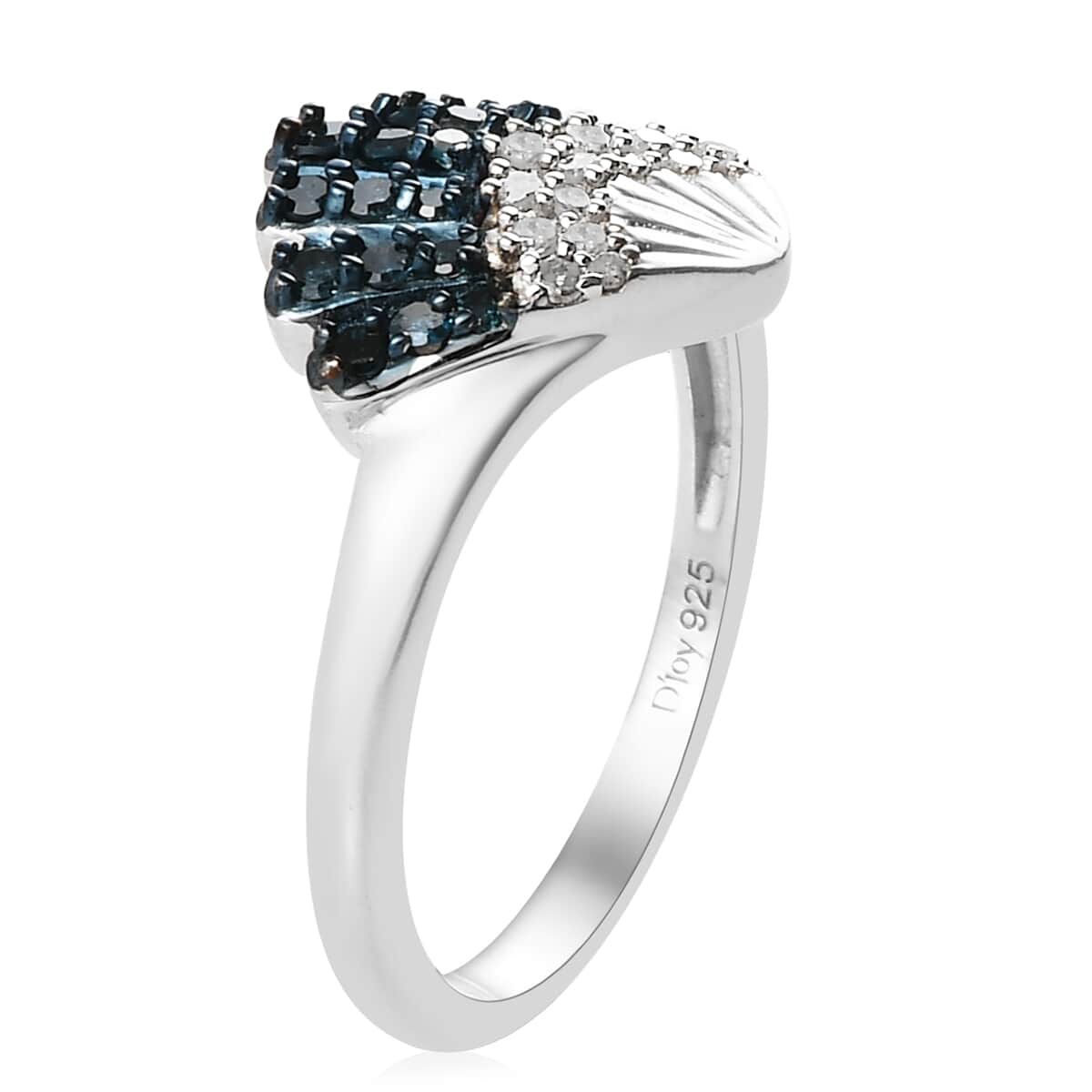 Blue Diamond and Diamond Sea Shell Ring in Rhodium and Platinum Over Sterling Silver (Size 6.0) 0.33 ctw image number 3