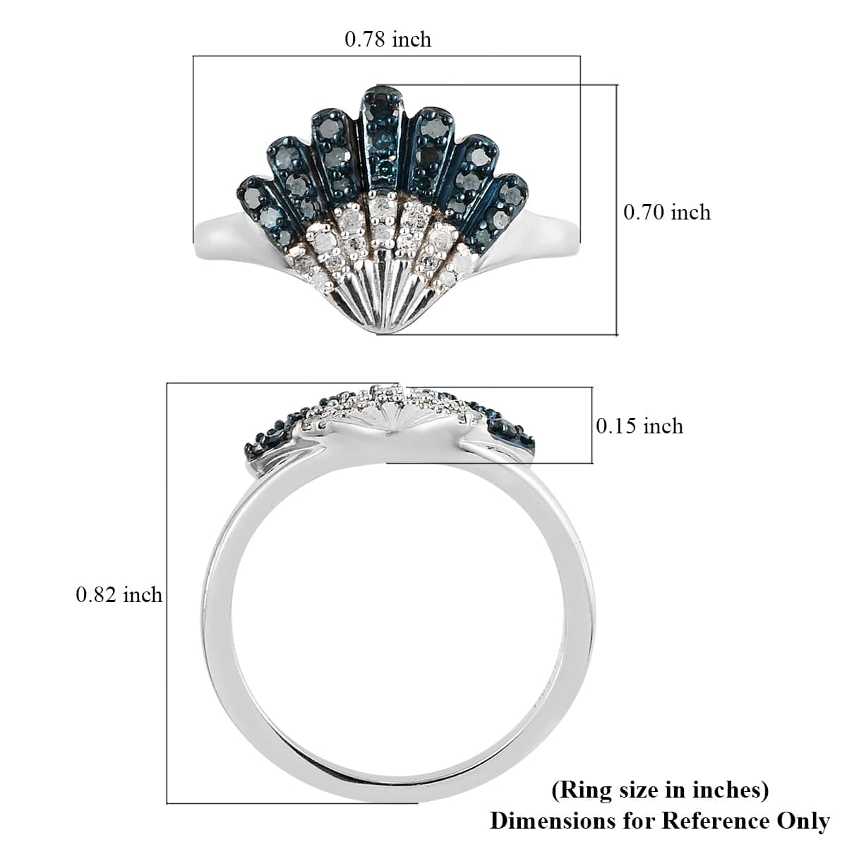 Blue Diamond and Diamond Sea Shell Ring in Rhodium and Platinum Over Sterling Silver (Size 6.0) 0.33 ctw image number 5