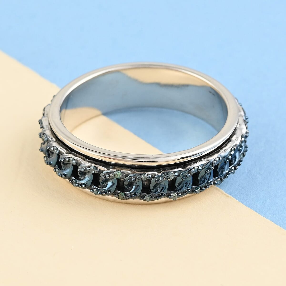 Blue Diamond Spinner Band Ring in Rhodium & Platinum Over Sterling Silver (Size 7.0) 0.20 ctw image number 1