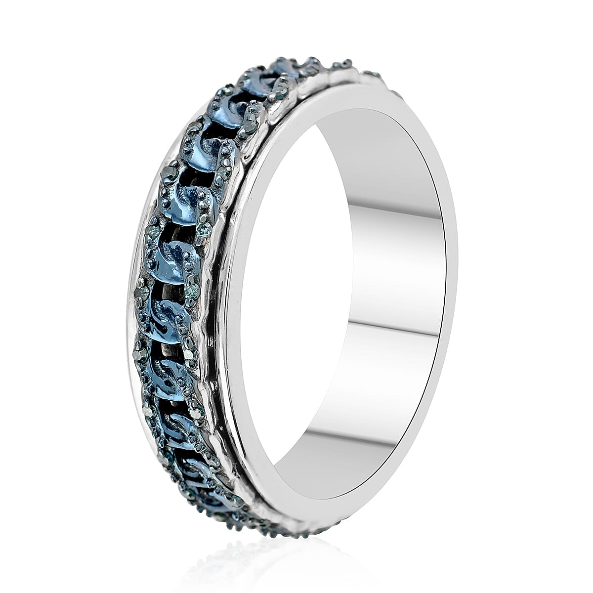Blue Diamond Spinner Band Ring in Rhodium & Platinum Over Sterling Silver (Size 7.0) 0.20 ctw image number 3