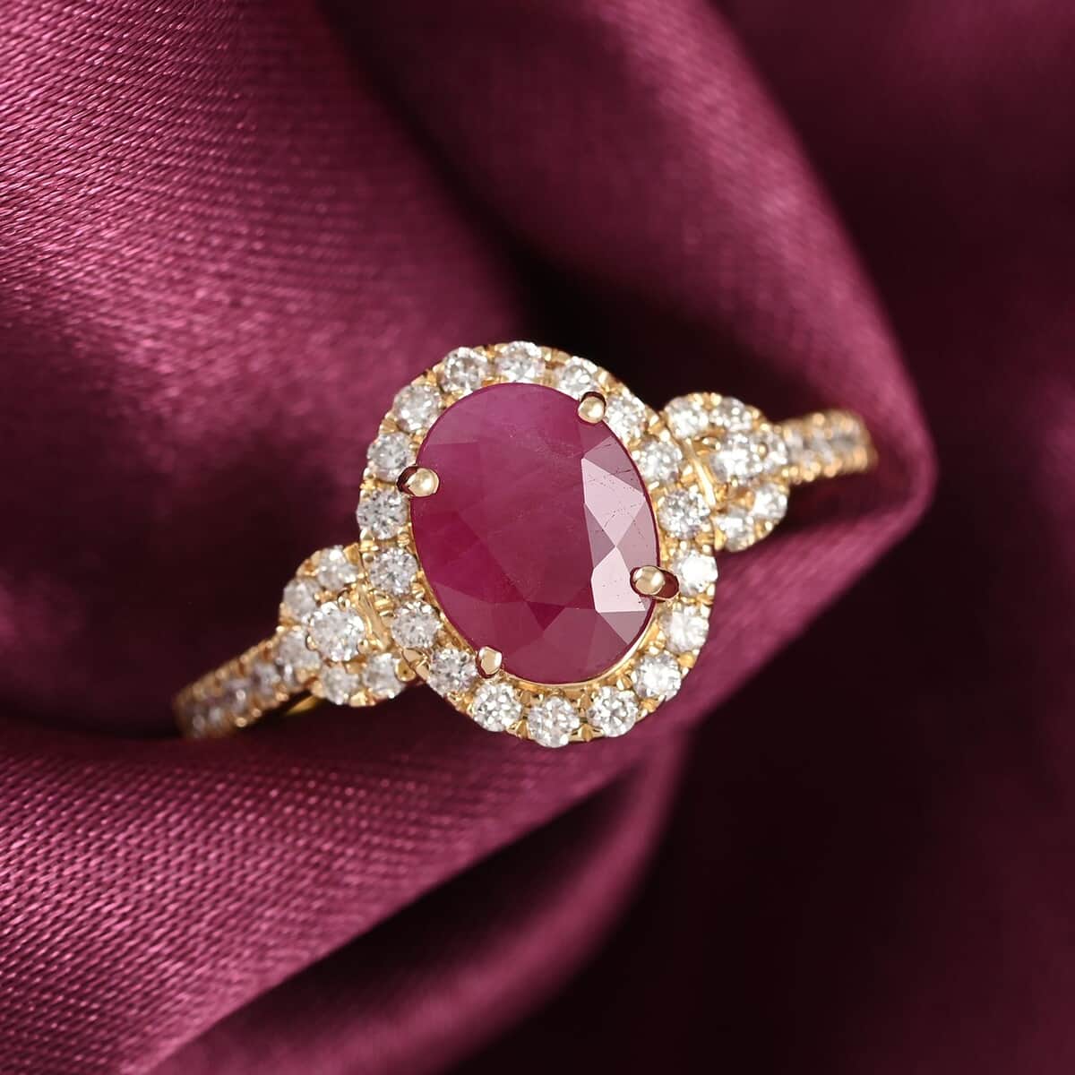 Certified and Appraised Iliana AAA CABO DELGADO Ruby and G-H SI Diamond 1.85 ctw Halo Ring in 18K Yellow Gold image number 1